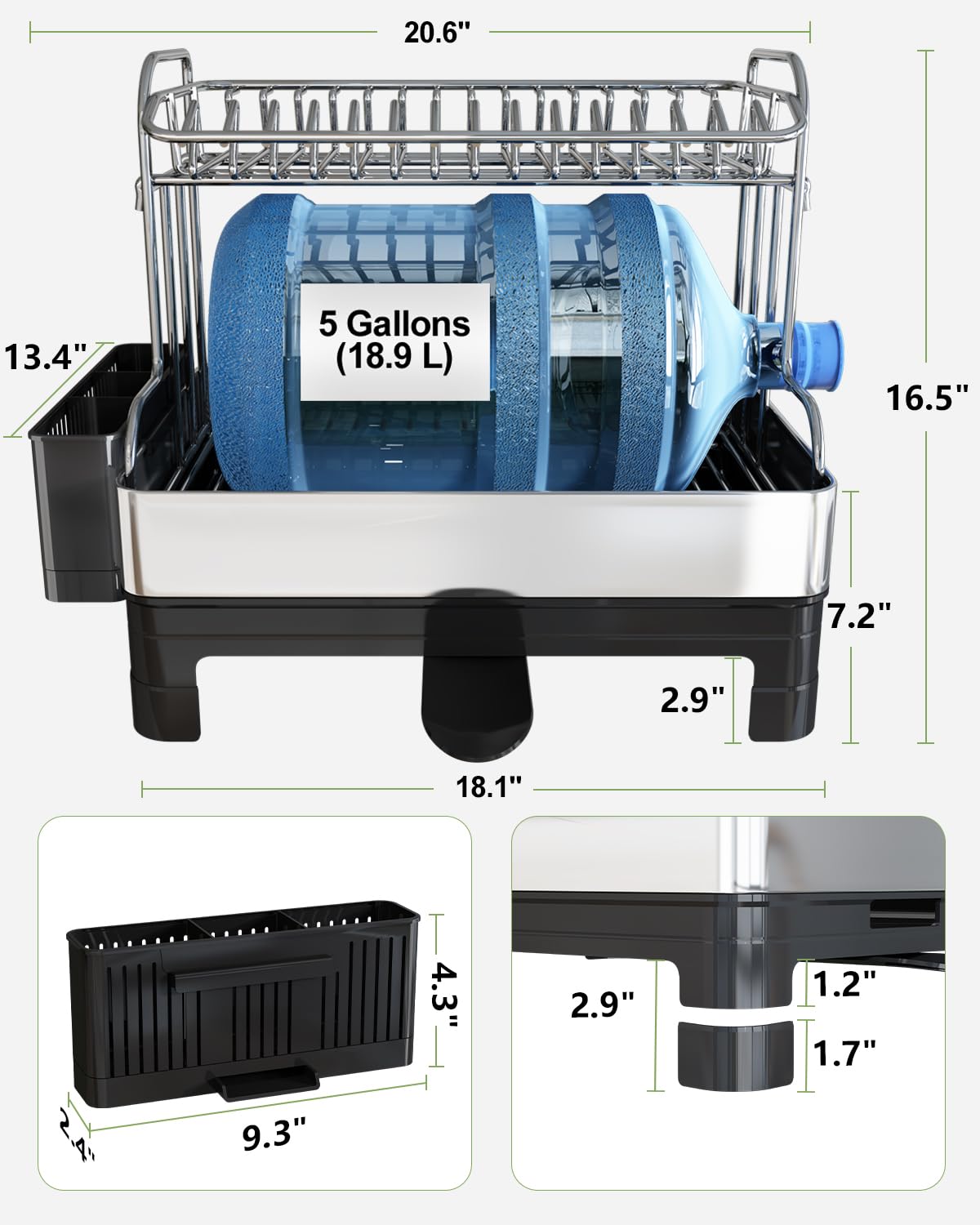 Extra Large Two Tier Stainless Steel Dish Drying Rack with Drainboard for Kitchen Counter sdaleads