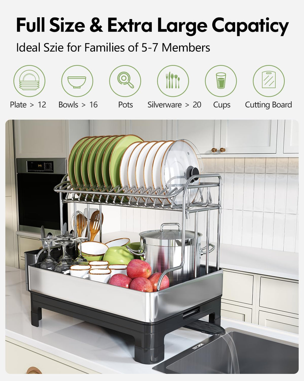 Extra Large Two Tier Stainless Steel Dish Drying Rack with Drainboard for Kitchen Counter sdaleads