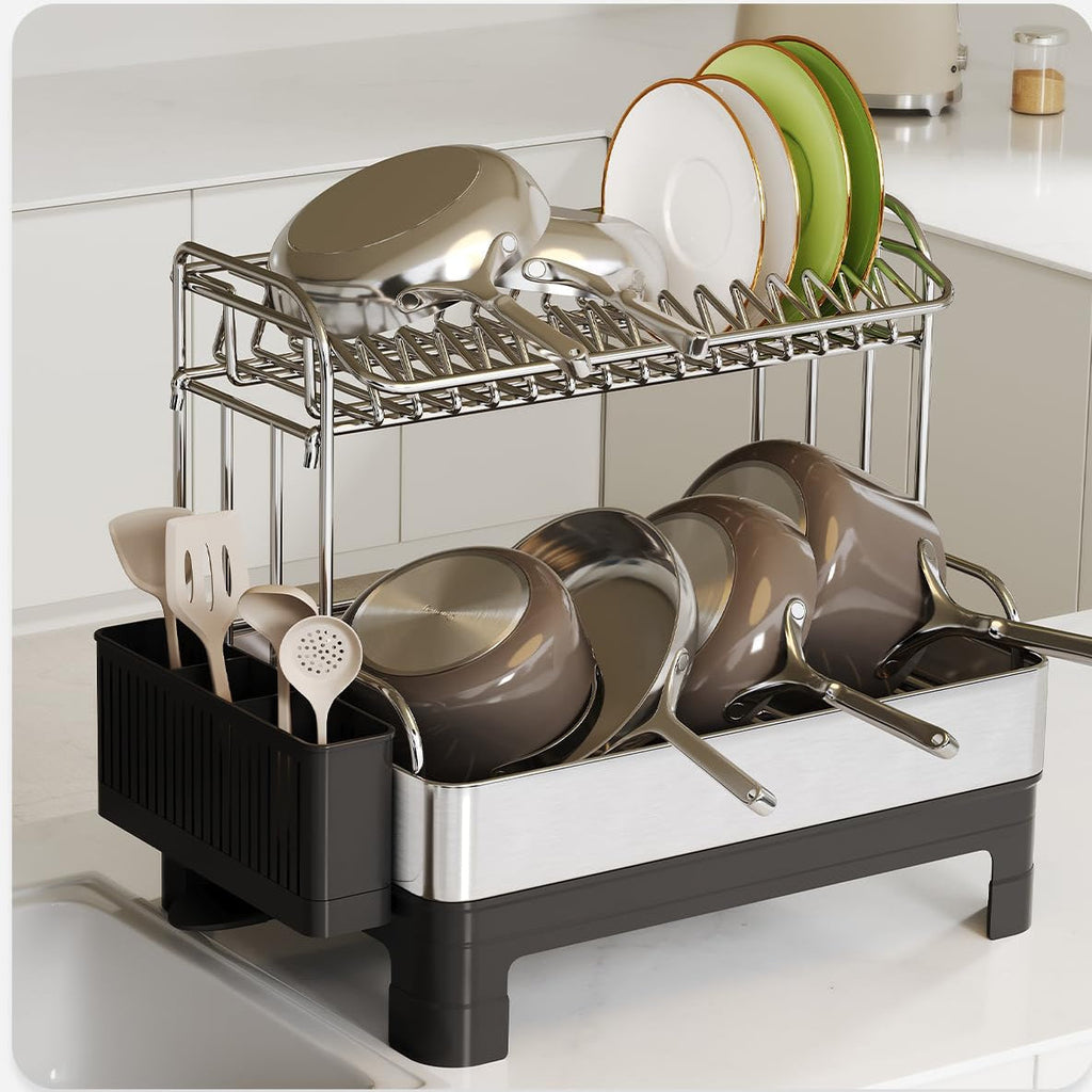 Extra Large Two Tier Stainless Steel Dish Drying Rack with Drainboard for Kitchen Counter sdaleads