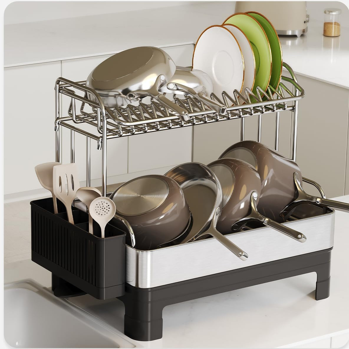 Extra Large Two Tier Stainless Steel Dish Drying Rack with Drainboard for Kitchen Counter sdaleads