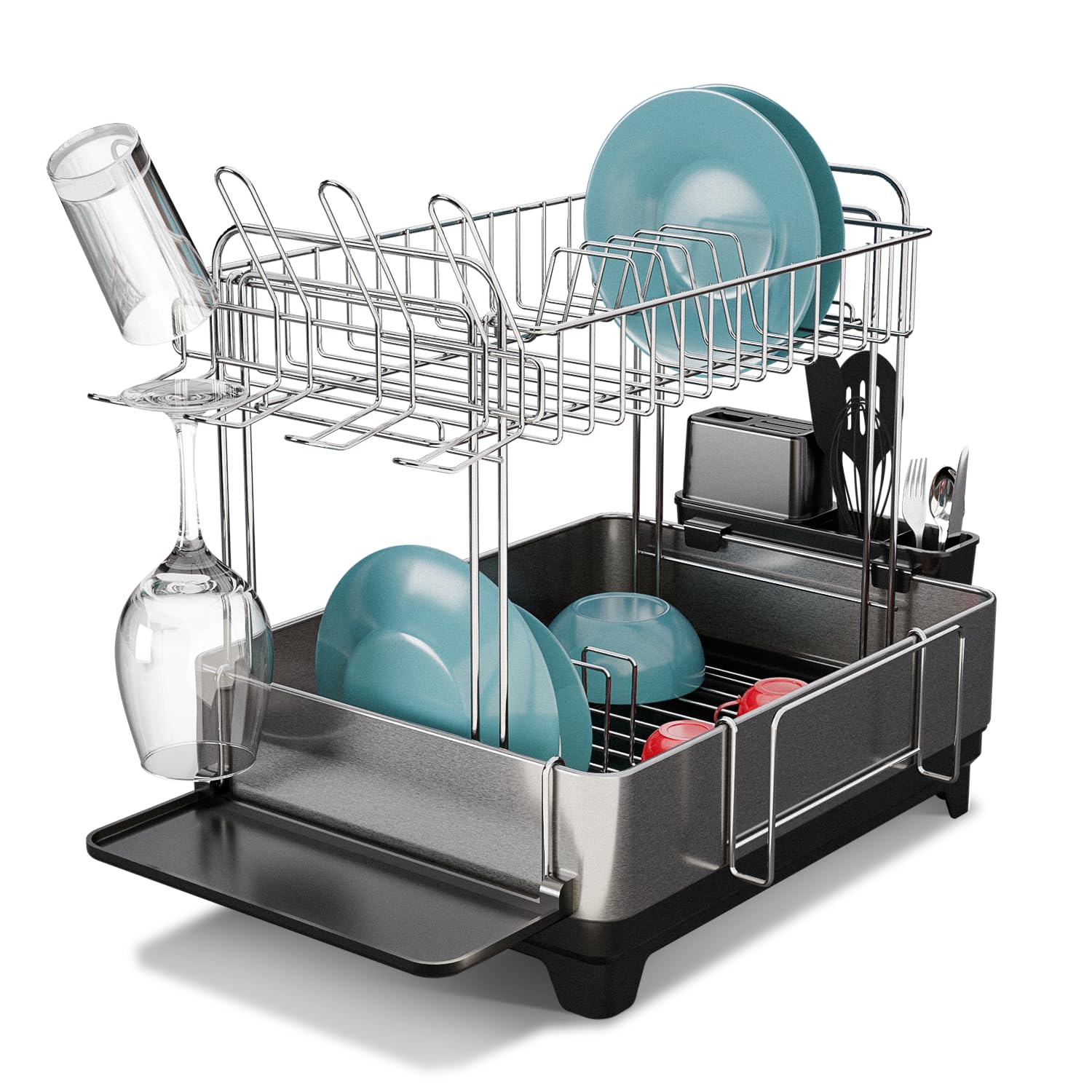 Large 2 Tier Stainless Steel Dish Drying Rack with Adjustable Drain Spout and Utensil Holders sdaleads