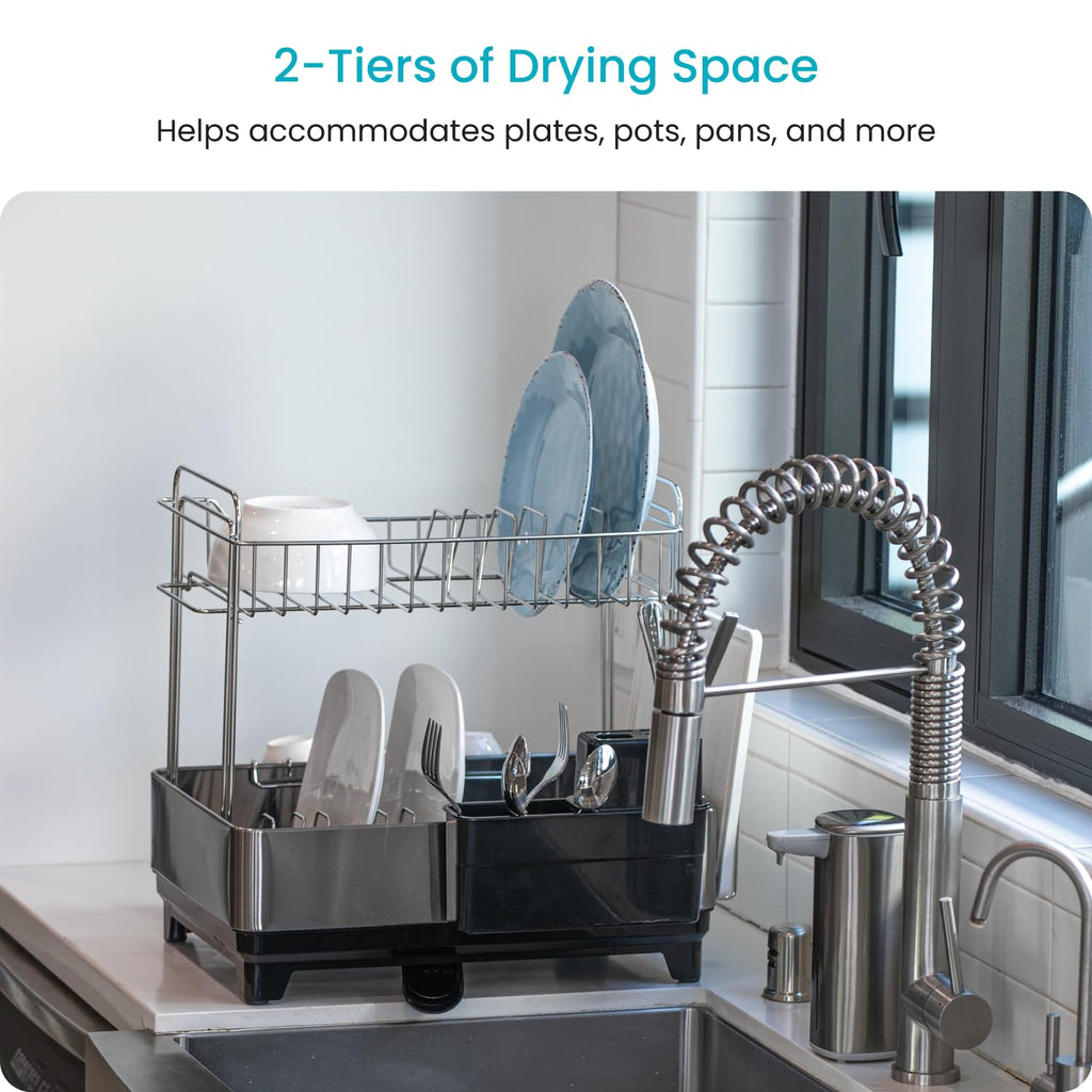 Large 2 Tier Stainless Steel Dish Drying Rack with Adjustable Drain Spout and Utensil Holders sdaleads