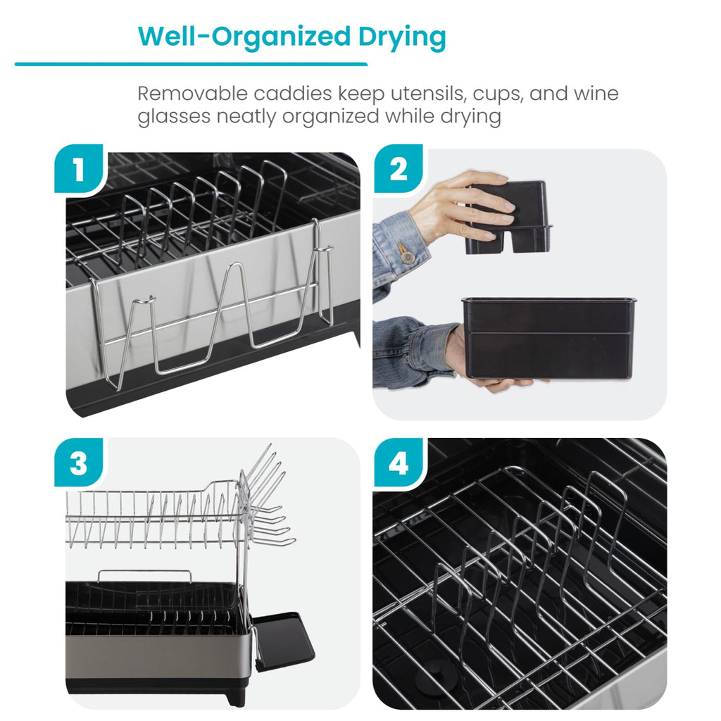 Large 2 Tier Stainless Steel Dish Drying Rack with Adjustable Drain Spout and Utensil Holders sdaleads