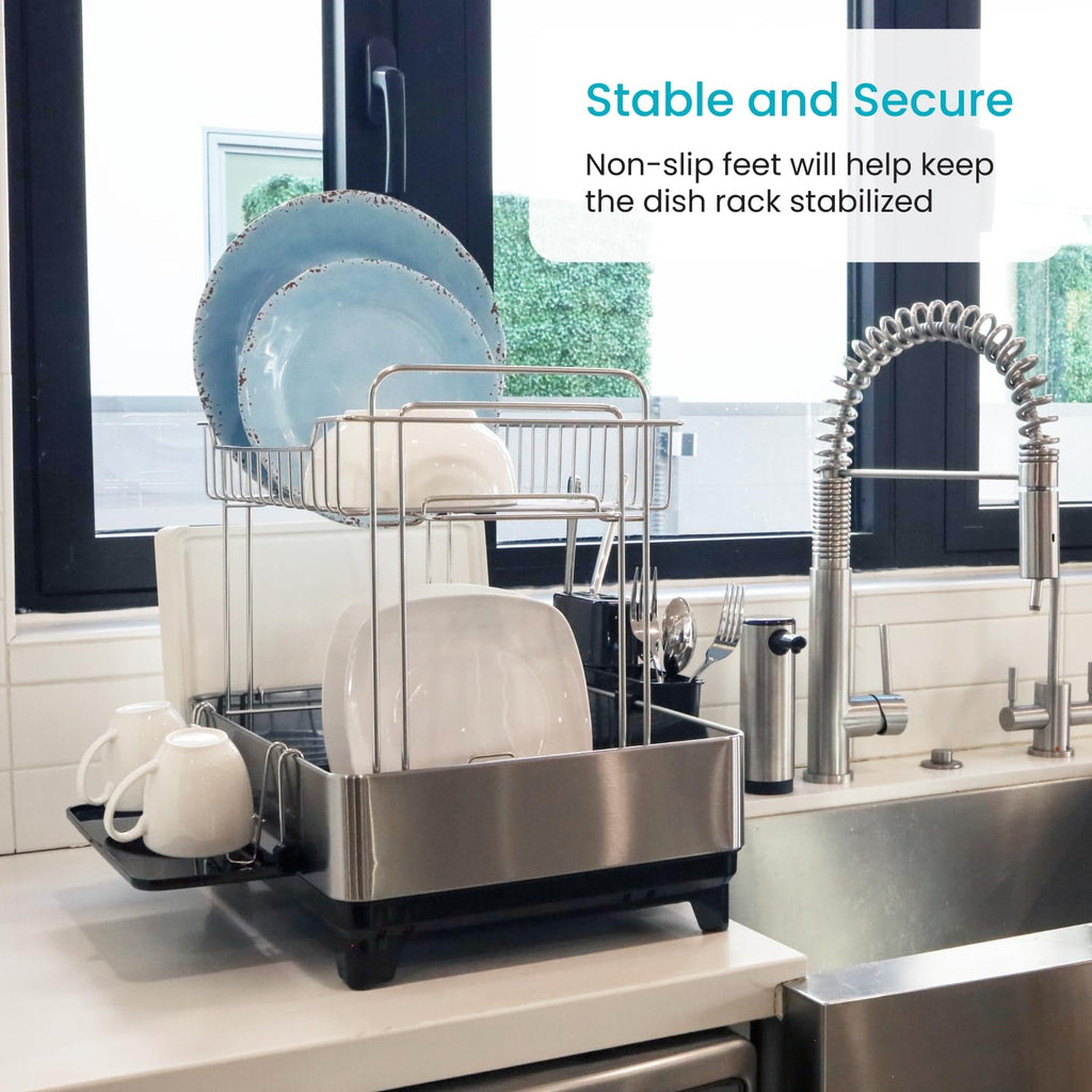 Large 2 Tier Stainless Steel Dish Drying Rack with Adjustable Drain Spout and Utensil Holders sdaleads