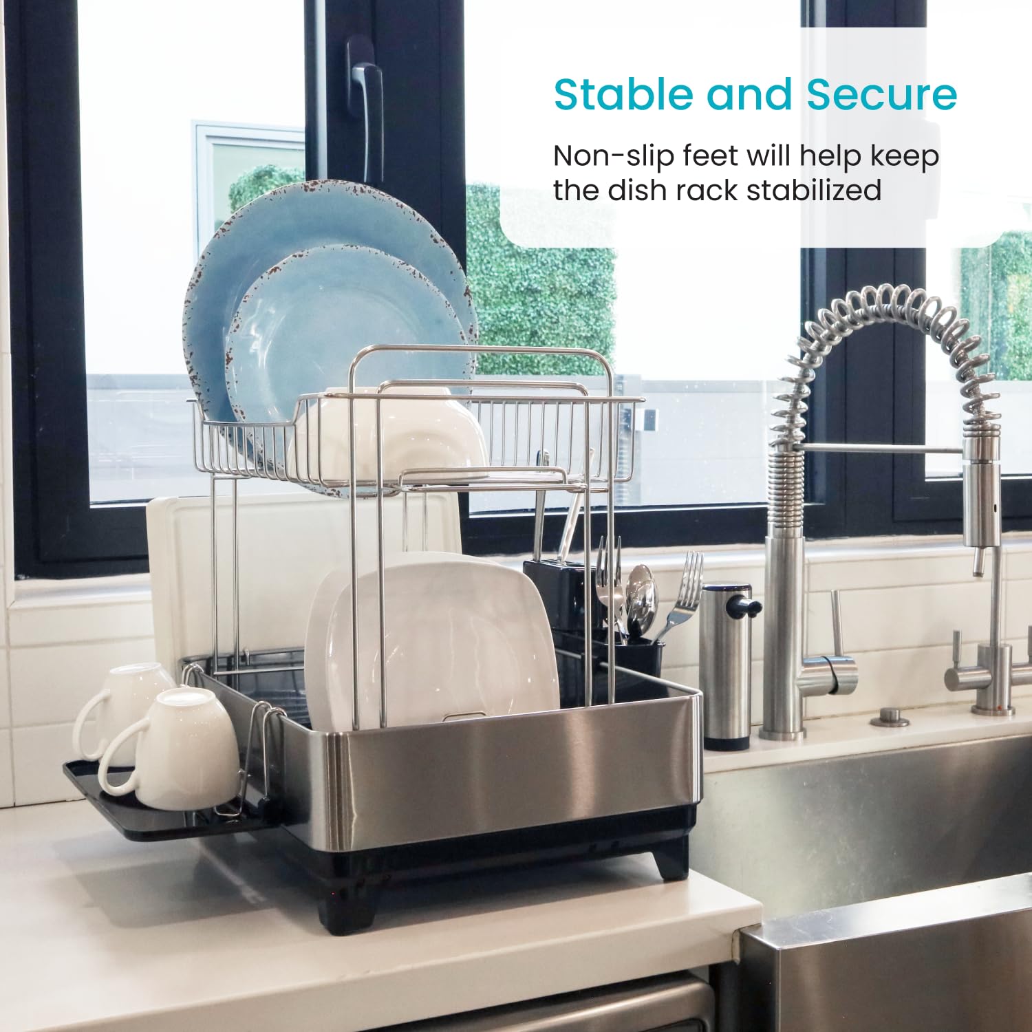 Large 2 Tier Stainless Steel Dish Drying Rack with Adjustable Drain Spout and Utensil Holders sdaleads