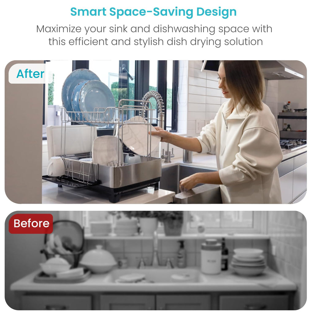 Large 2 Tier Stainless Steel Dish Drying Rack with Adjustable Drain Spout and Utensil Holders sdaleads