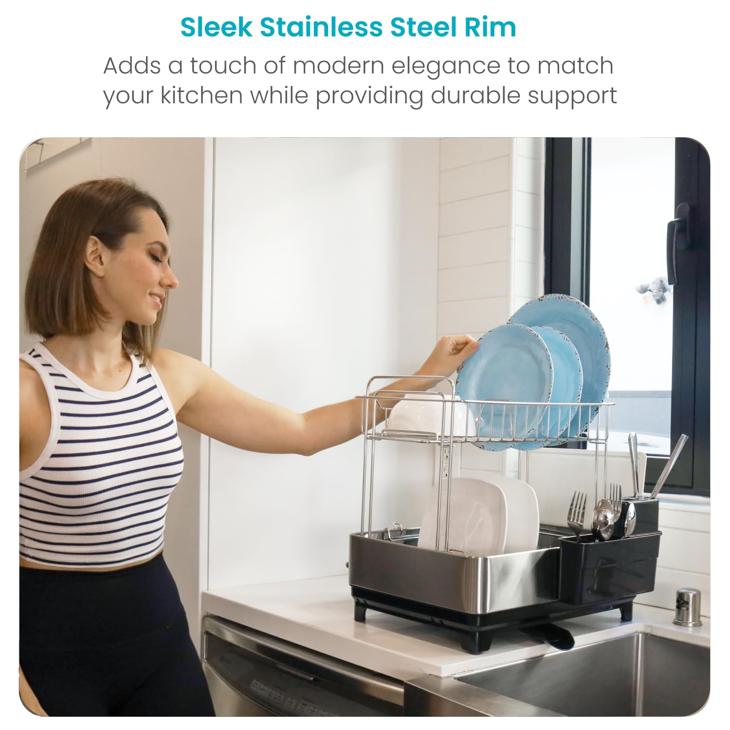 Large 2 Tier Stainless Steel Dish Drying Rack with Adjustable Drain Spout and Utensil Holders sdaleads