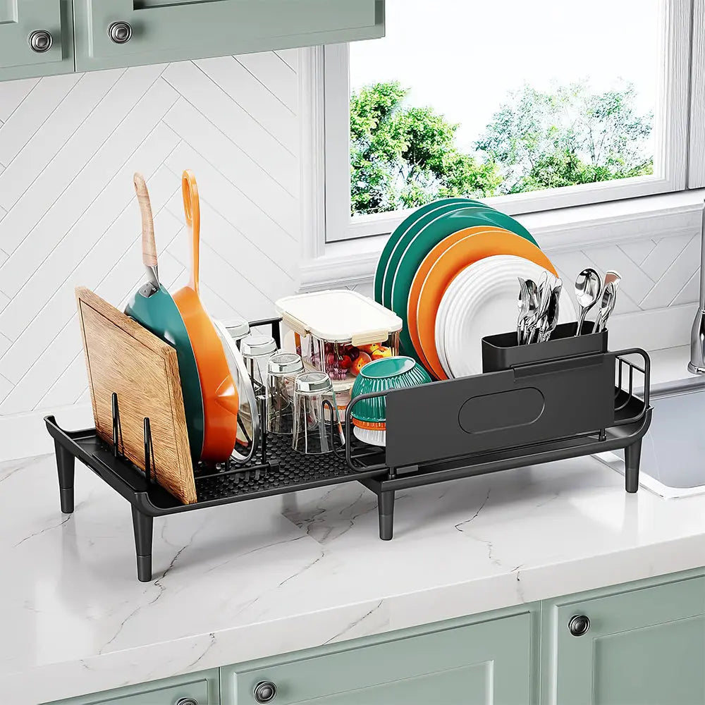 Large Extendable Dish Drying Rack with Drainboard and Anti Leakage Spout for Counter sdaleads