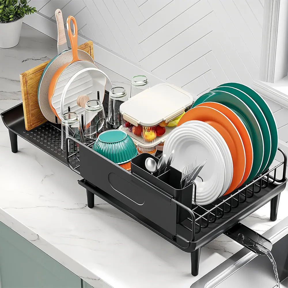 Large Extendable Dish Drying Rack with Drainboard and Anti Leakage Spout for Counter sdaleads