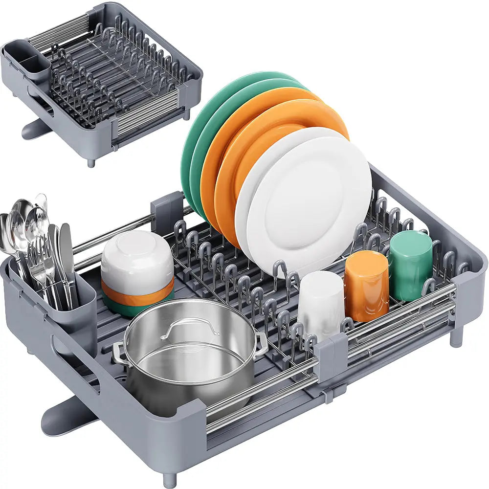Extendable Foldable Aluminum Dish Drying Rack with Drainboard and Cutlery Holde sdaleads