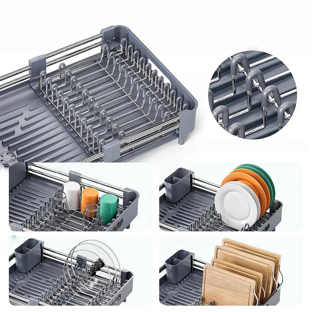Extendable Foldable Aluminum Dish Drying Rack with Drainboard and Cutlery Holde sdaleads