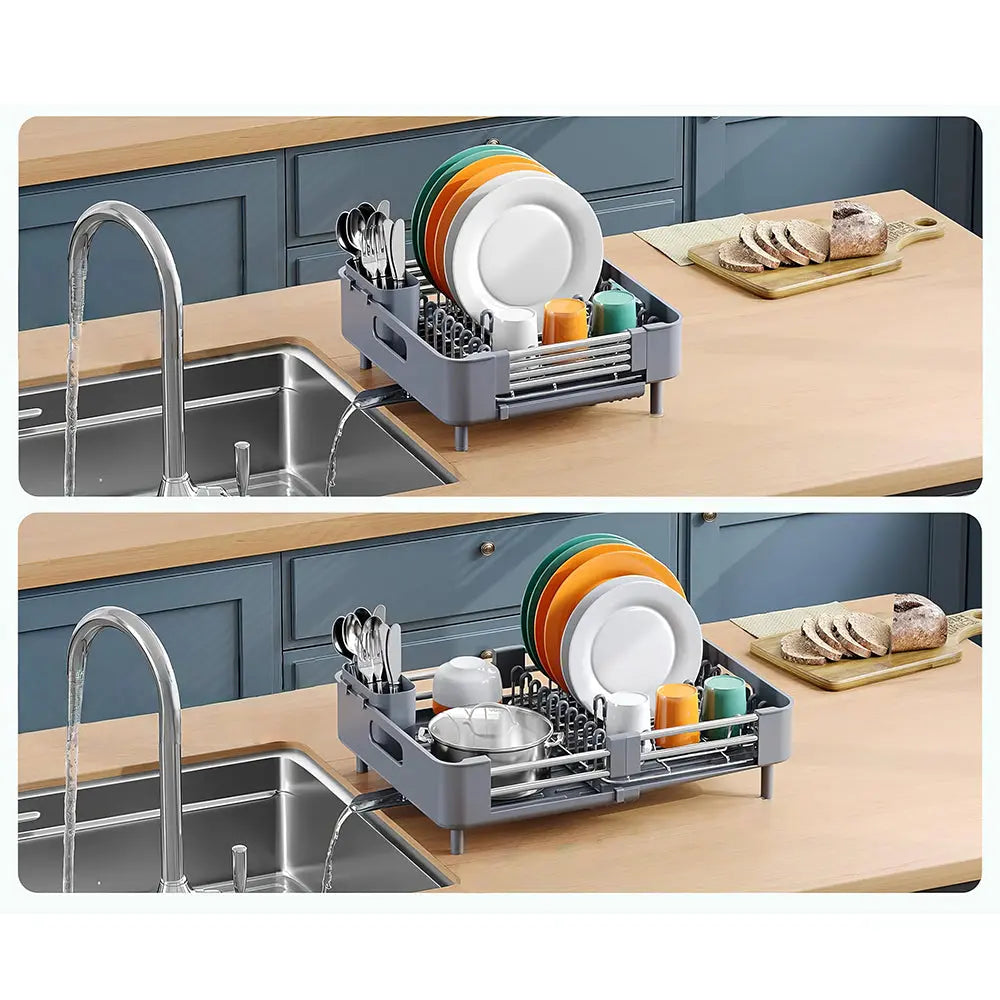 Extendable Foldable Aluminum Dish Drying Rack with Drainboard and Cutlery Holde sdaleads