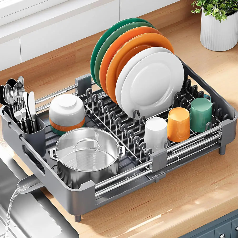 Extendable Foldable Aluminum Dish Drying Rack with Drainboard and Cutlery Holde sdaleads