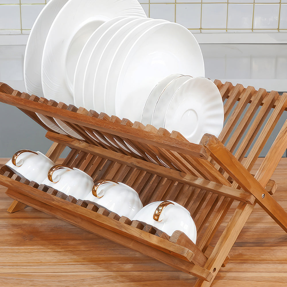 2 Tier Foldable Teak Wood Dish Drying Rack Collapsible Plate Organizer for Counter sdaleads