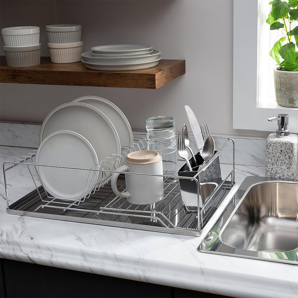 3 Piece Dish Drying Rack with Drain Tray and Cutlery Holder Chrome Iron Countertop sdaleads