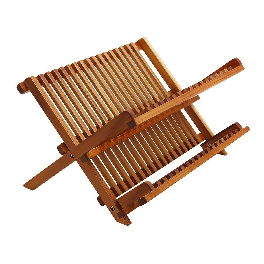 2 Tier Foldable Teak Wood Dish Drying Rack Collapsible Plate Organizer for Counter sdaleads