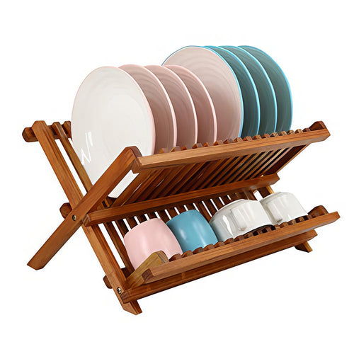 2 Tier Foldable Teak Wood Dish Drying Rack Collapsible Plate Organizer for Counter sdaleads