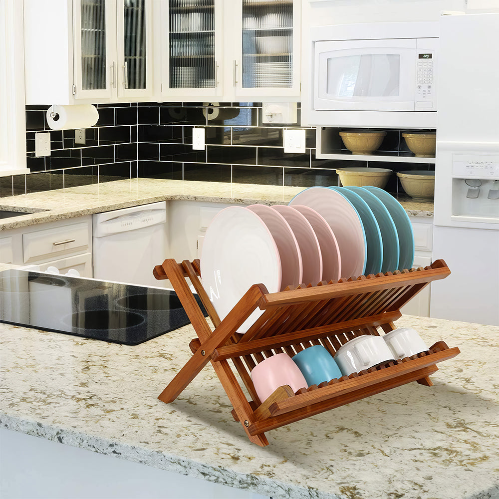 2 Tier Foldable Teak Wood Dish Drying Rack Collapsible Plate Organizer for Counter sdaleads