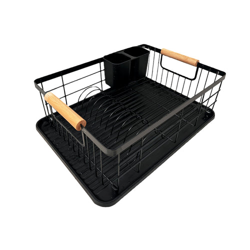 Carbon Steel Dish Drying Rack with Drainboard Beechwood Handles and Cutlery Basket sdaleads