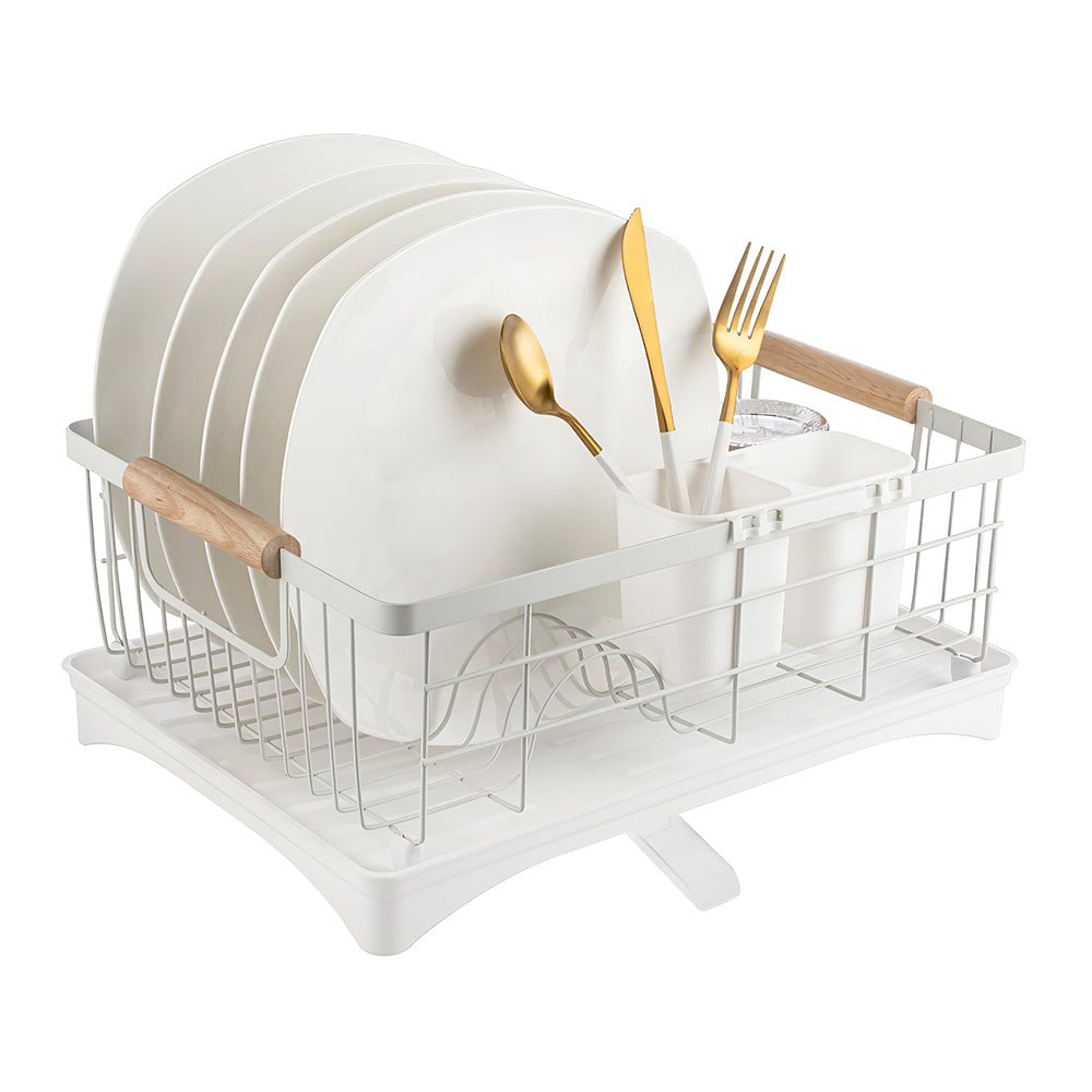 Carbon Steel Dish Drying Rack with Drainboard Beechwood Handles and Cutlery Basket sdaleads