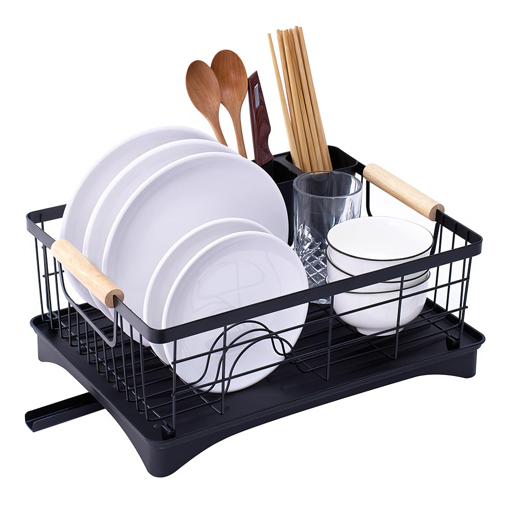 Carbon Steel Dish Drying Rack with Drainboard Beechwood Handles and Cutlery Basket sdaleads