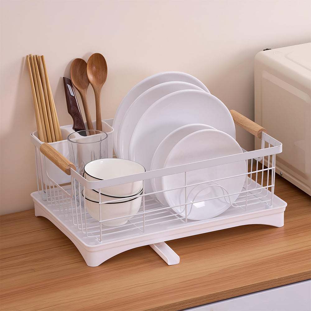 Carbon Steel Dish Drying Rack with Drainboard Beechwood Handles and Cutlery Basket sdaleads