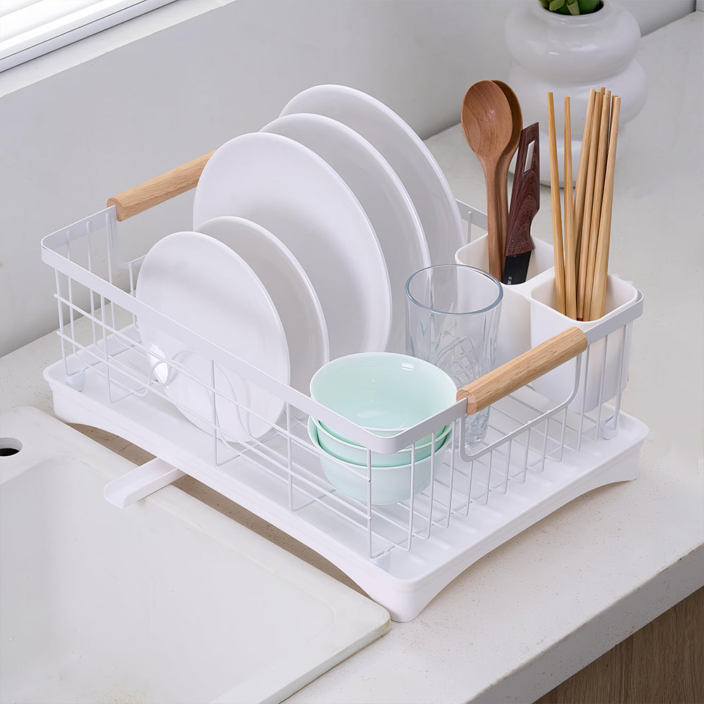 Carbon Steel Dish Drying Rack with Drainboard Beechwood Handles and Cutlery Basket sdaleads
