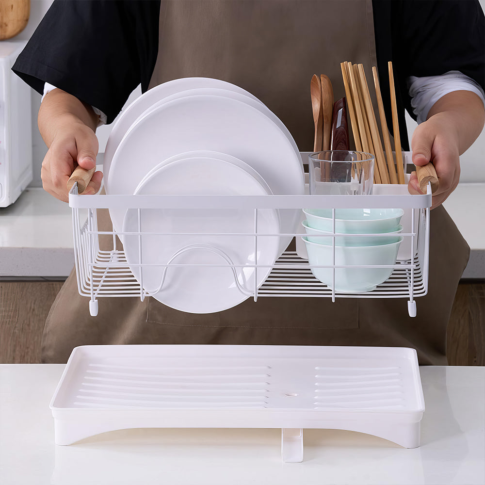 Carbon Steel Dish Drying Rack with Drainboard Beechwood Handles and Cutlery Basket sdaleads