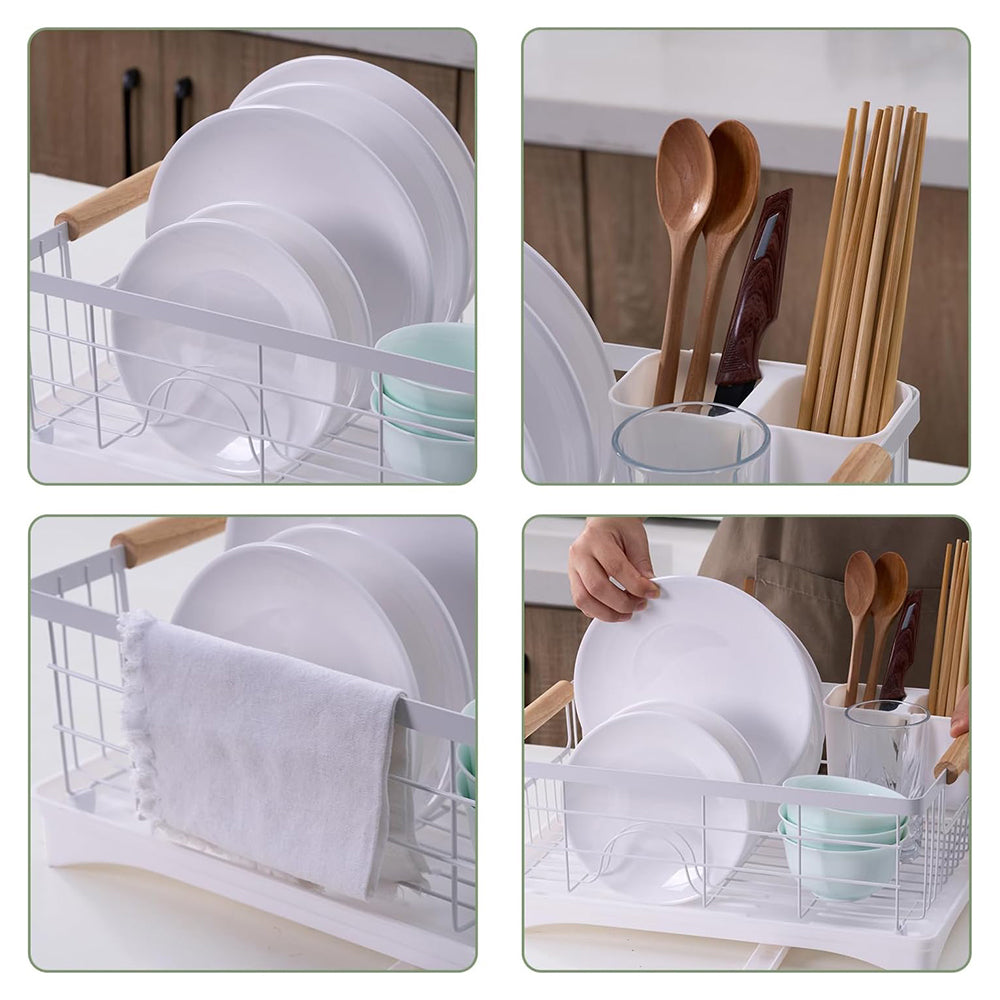 Carbon Steel Dish Drying Rack with Drainboard Beechwood Handles and Cutlery Basket sdaleads